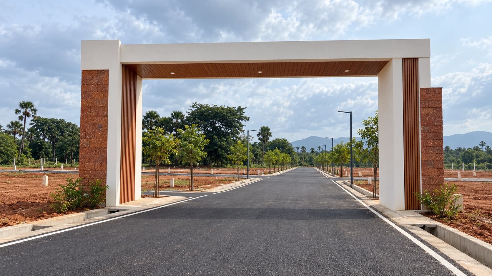 Vijaya Gardens site with hills in the distance