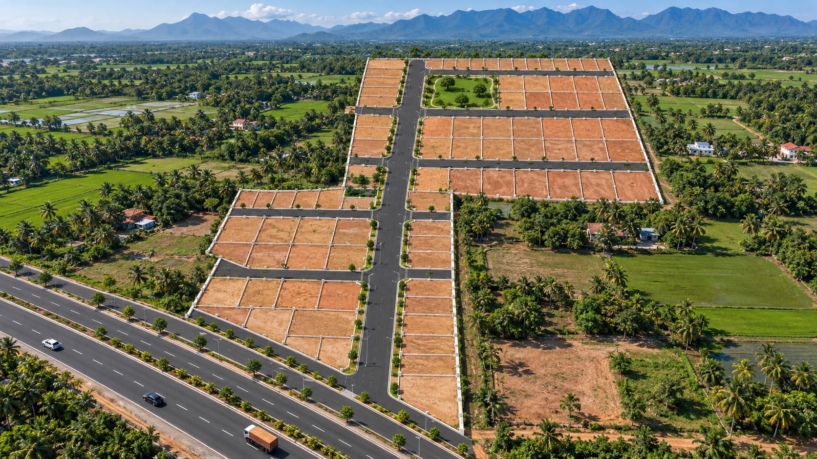 Aerial 3D view of the Vijaya Gardens plotted layout in Tenkasi with its roads and plots
