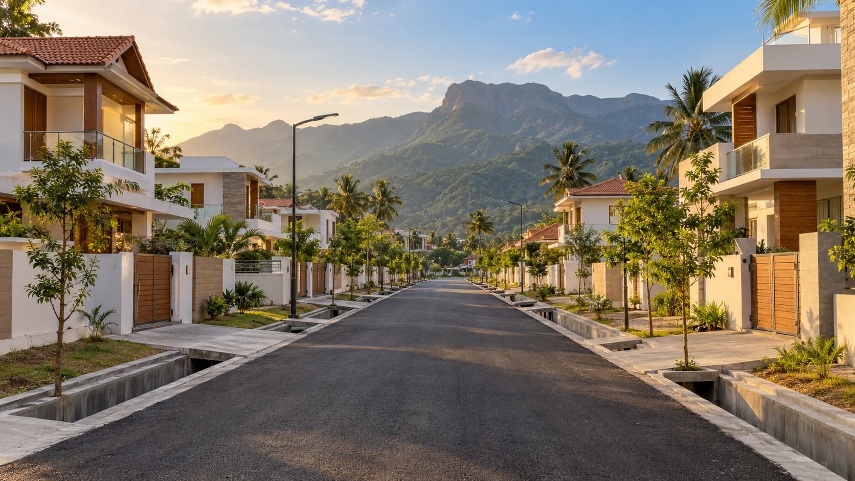 Street of villas at Vijaya Gardens, Tenkasi, with the Western Ghats in the background
